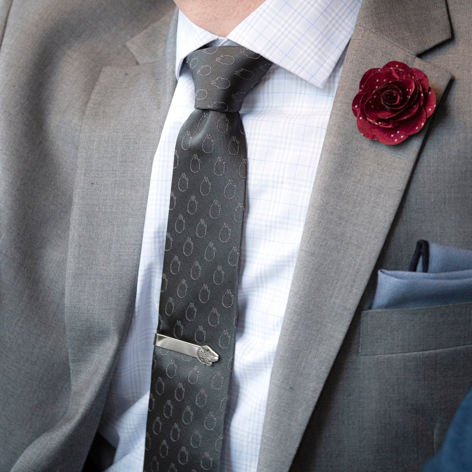 Star Wars gray silk tie featuring subtle Millennium Falcon pattern and red Rebel Alliance crest. Officially licensed by Disney.