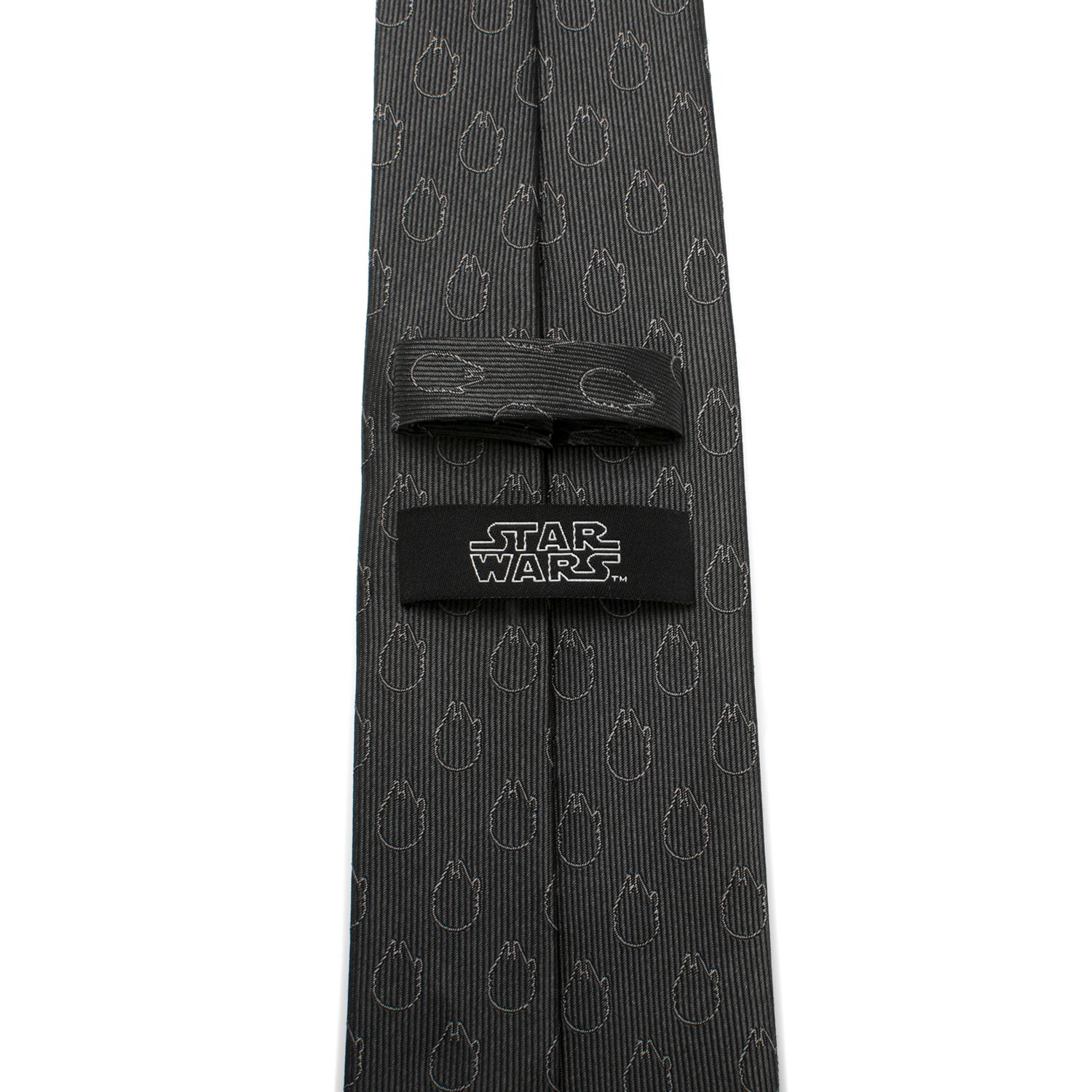 Star Wars gray silk tie featuring subtle Millennium Falcon pattern and red Rebel Alliance crest. Officially licensed by Disney.