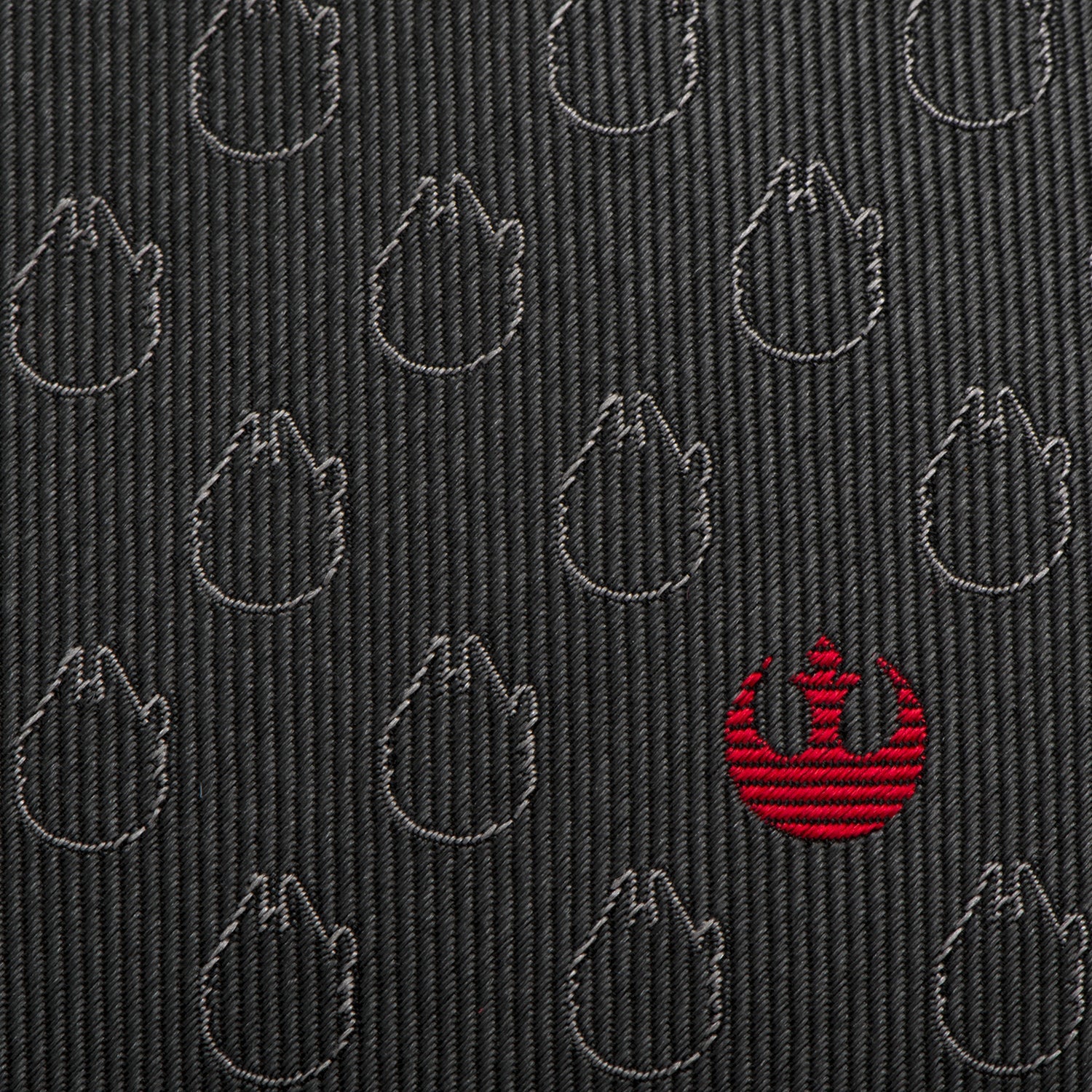Star Wars gray silk tie featuring subtle Millennium Falcon pattern and red Rebel Alliance crest. Officially licensed by Disney.