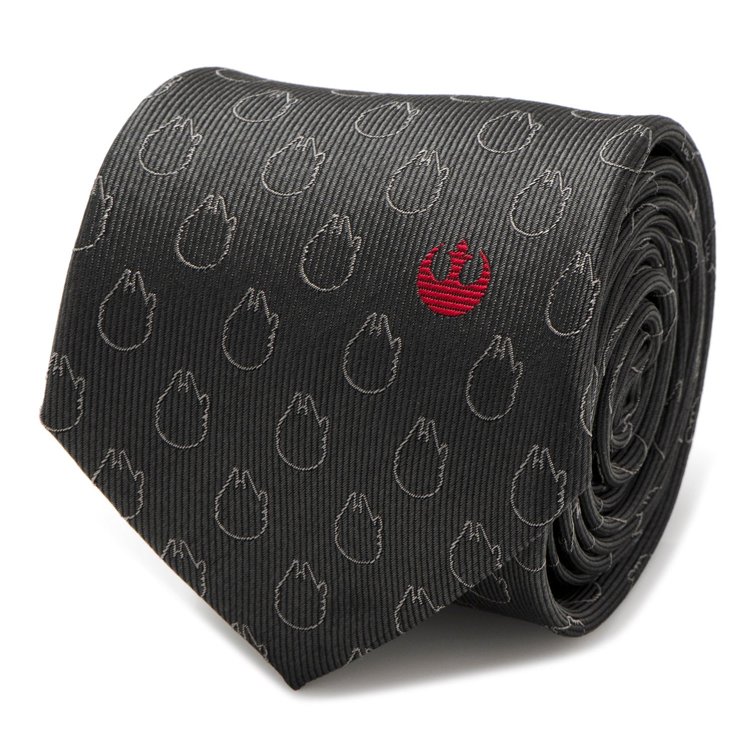 Star Wars gray silk tie featuring subtle Millennium Falcon pattern and red Rebel Alliance crest. Officially licensed by Disney.