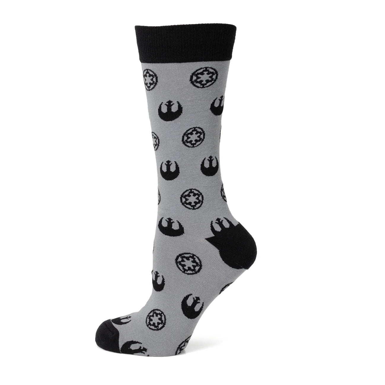 Gray sock with black patterns on a white background