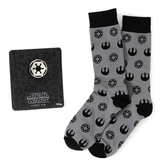 Gray socks with black symbols and a black pin with Star Wars logo on a white background