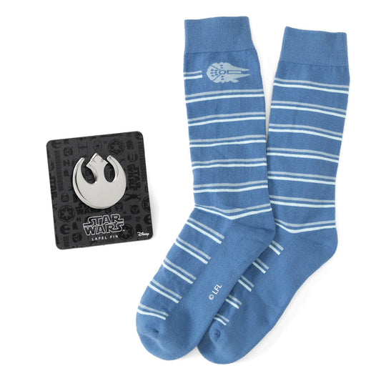 Blue striped socks with a matching label pin on a white background