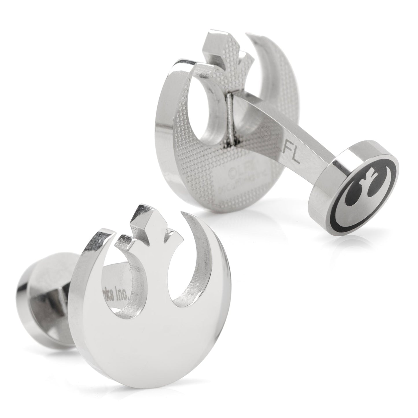 Silver cufflinks with detailed design on a white background