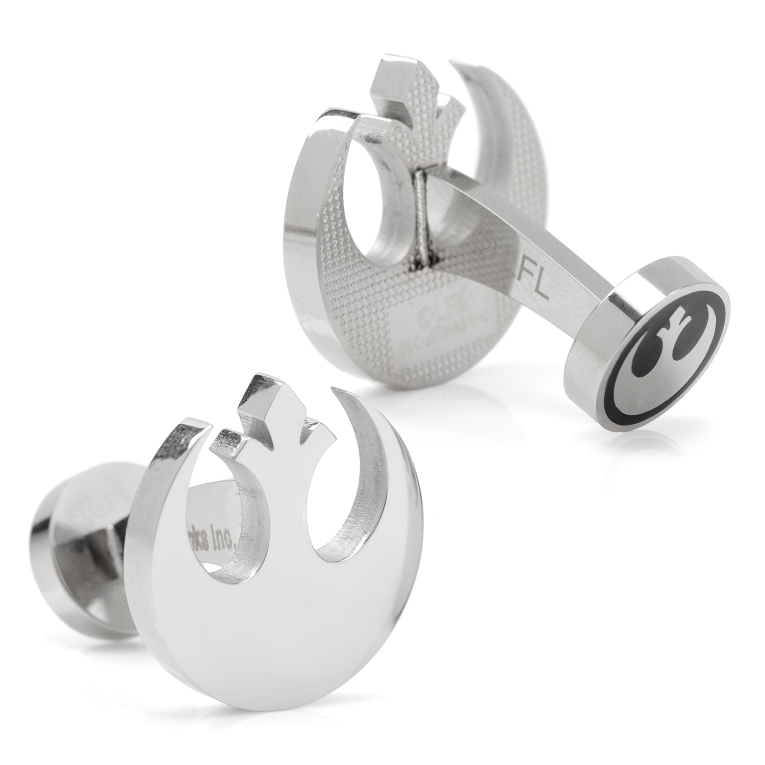 Silver cufflinks with detailed design on a white background