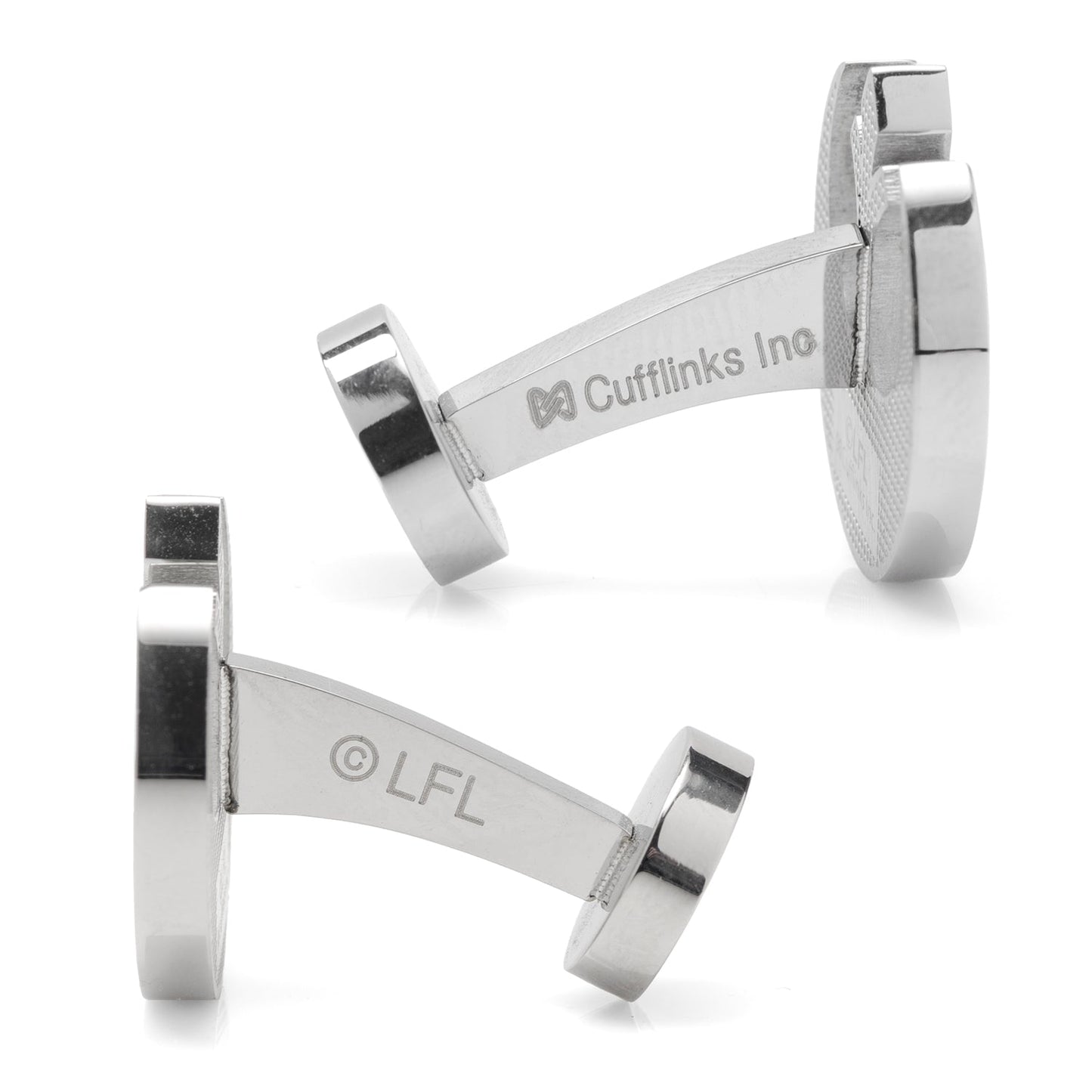 Silver cufflinks with visible branding on a white background