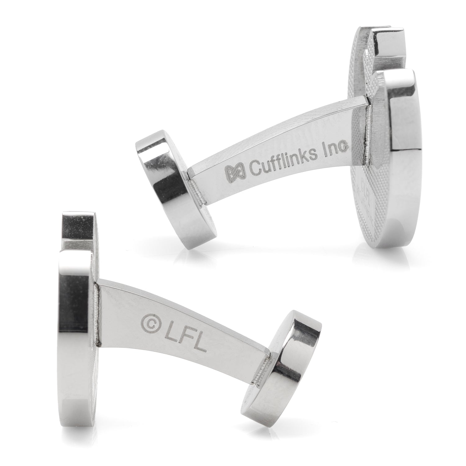 Silver cufflinks with visible branding on a white background