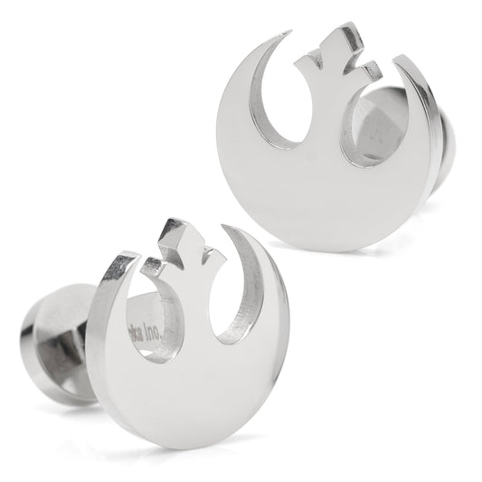 Pair of silver Rebel Alliance earrings on a white background