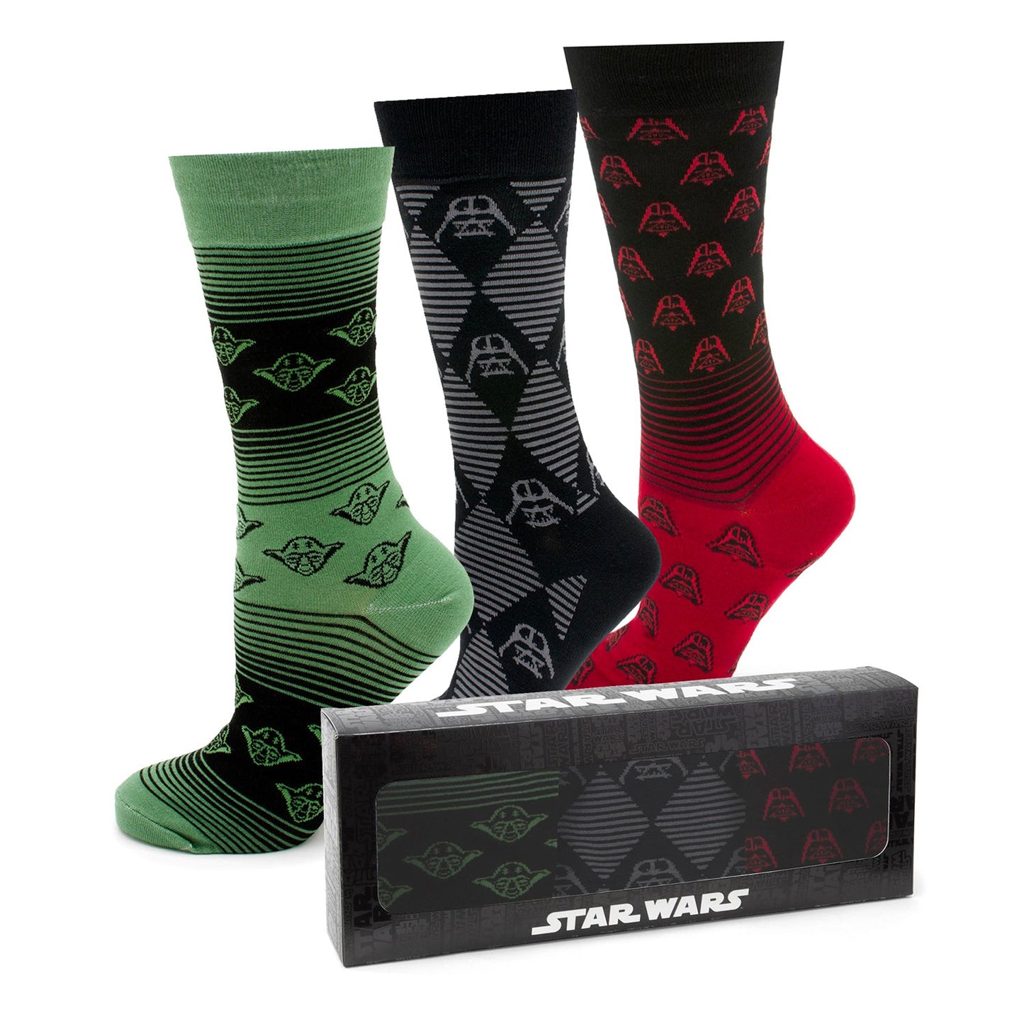 Three pairs of socks with Star Wars design and a matching box on a white background