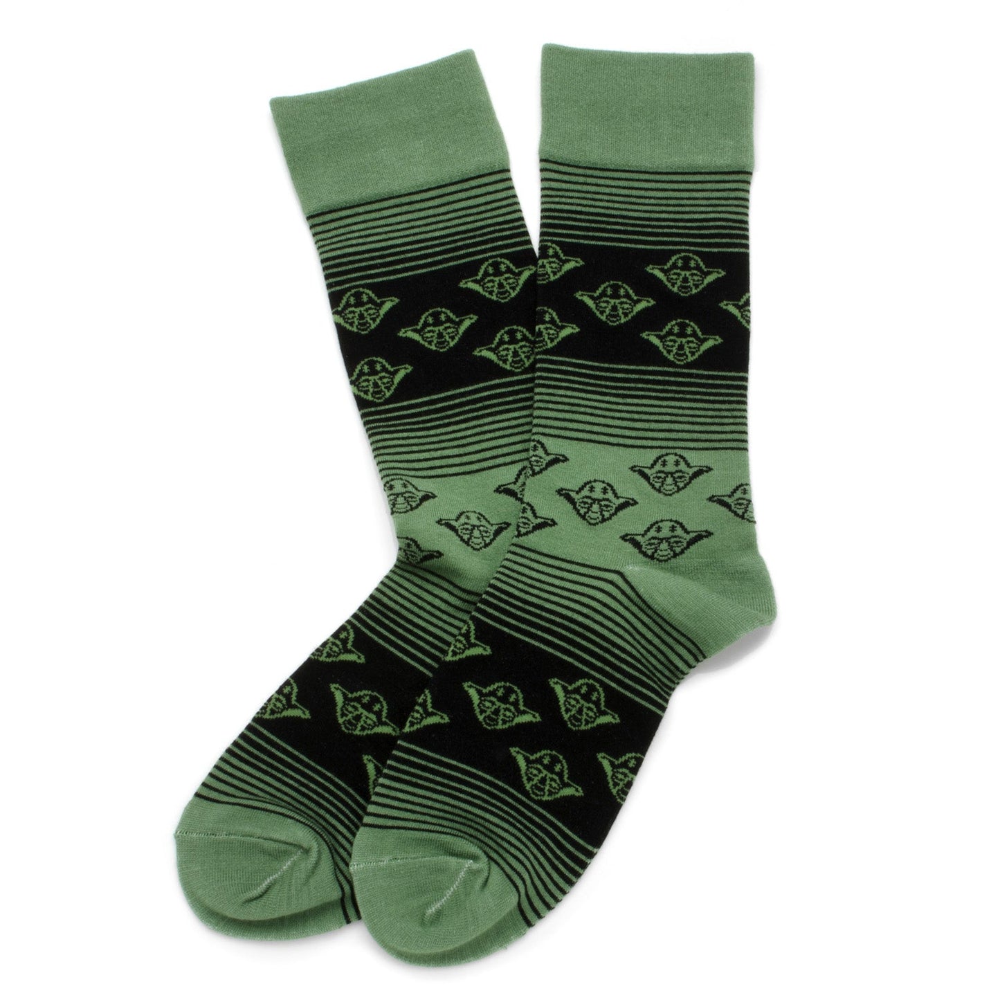 Green and black patterned socks on a white background