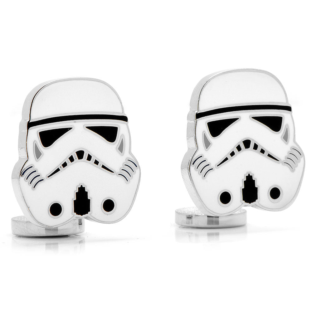 Stormtrooper helmet cufflinks on a white background