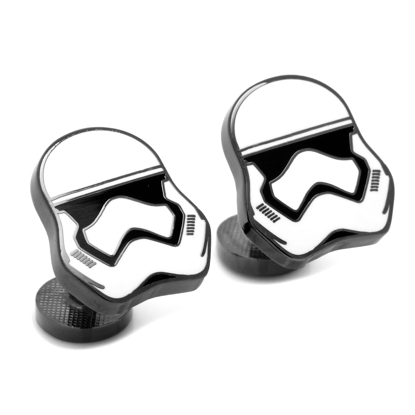 Stormtrooper helmet cufflinks on a white background