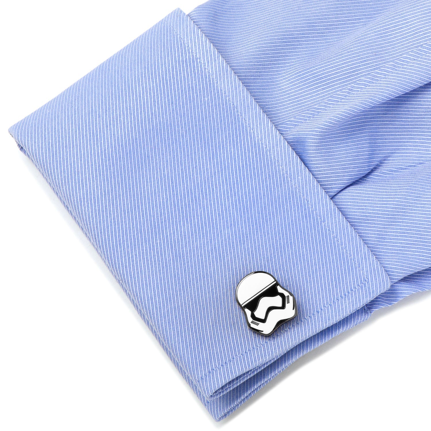 Stormtrooper helmet cufflinks on a blue dress shirt