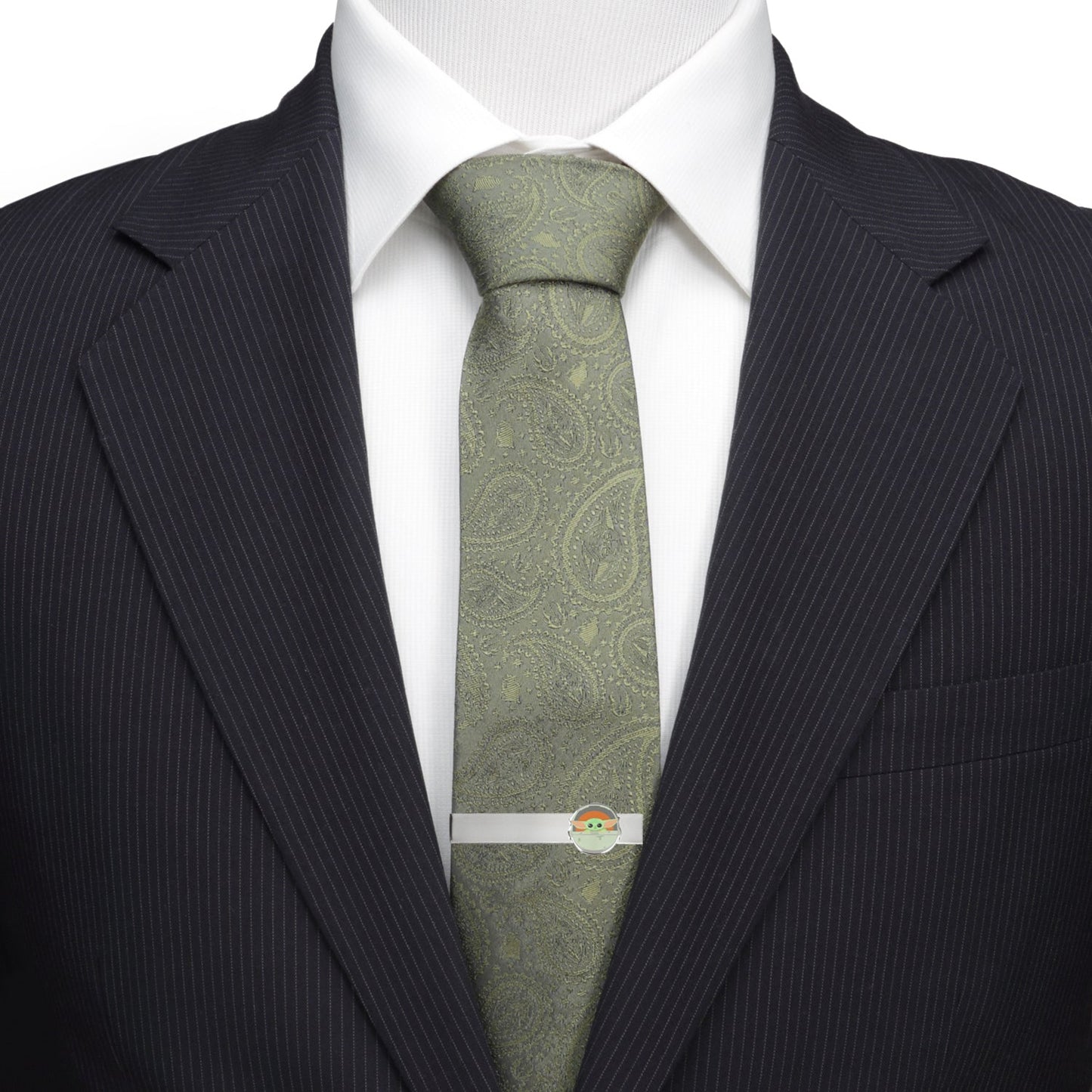 Green paisley tie with a suit jacket on a white background