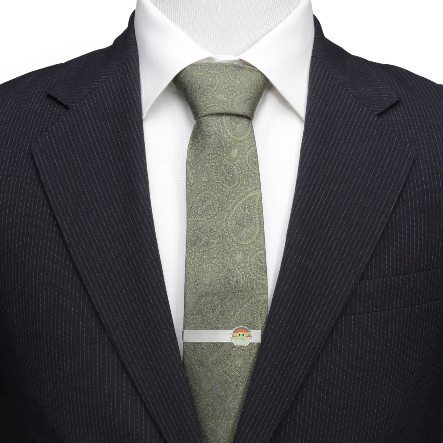 Green paisley tie with a suit jacket on a white background