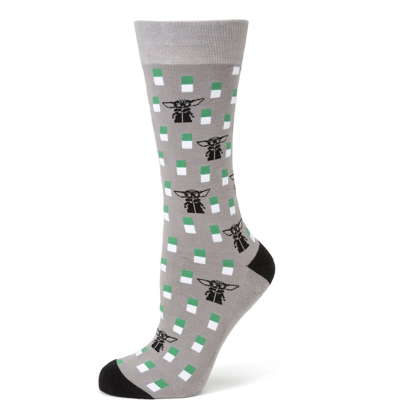 Gray sock with green and white checkered pattern and black accents on a white background