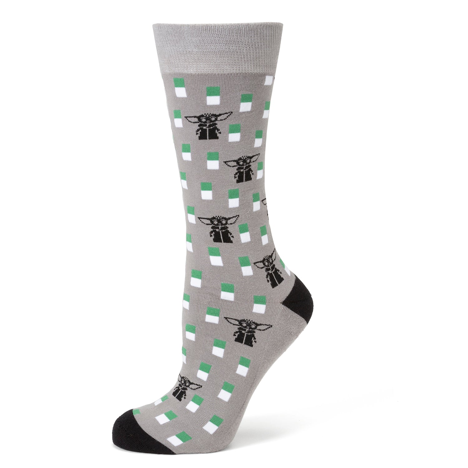 Gray sock with green and white checkered pattern and black accents on a white background