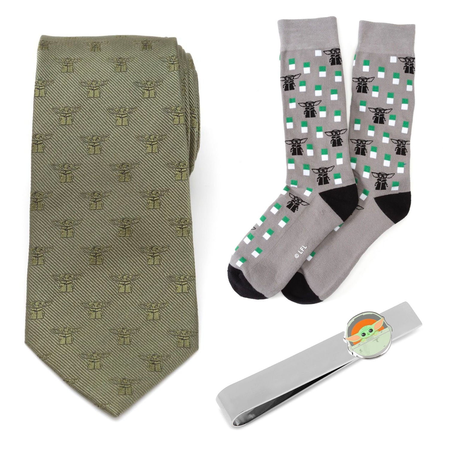 Tie, socks, and tie clip with character pattern on a white background