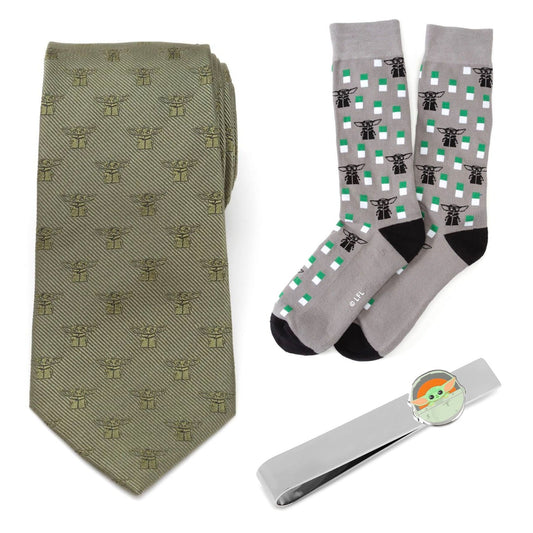 Tie, socks, and tie clip with character pattern on a white background