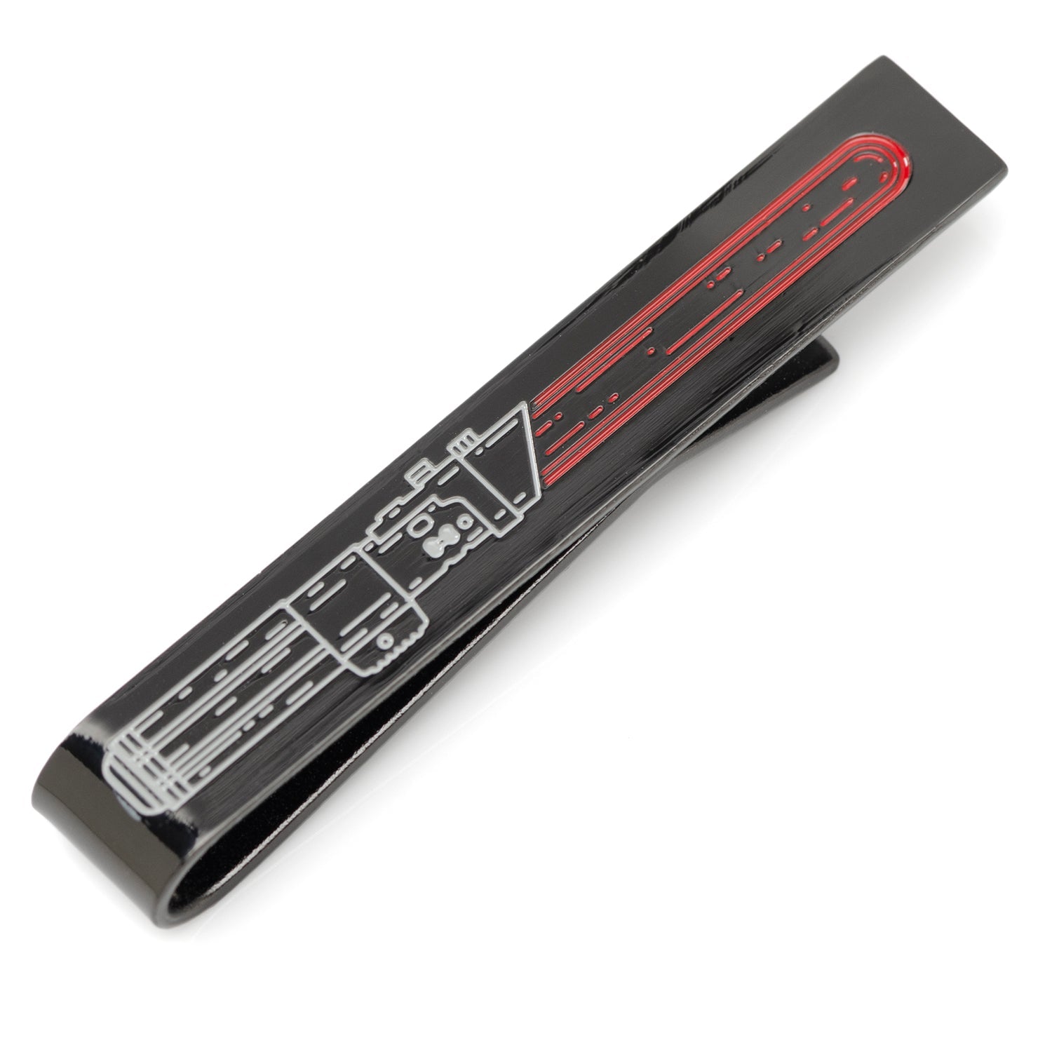 Black tie clip with red and white design on a white background