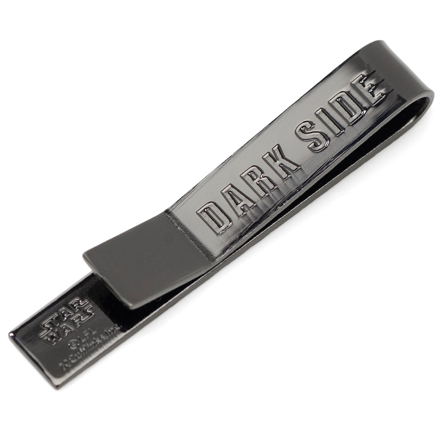 Black metal money clip with 'Dark Side' engraving on a white background