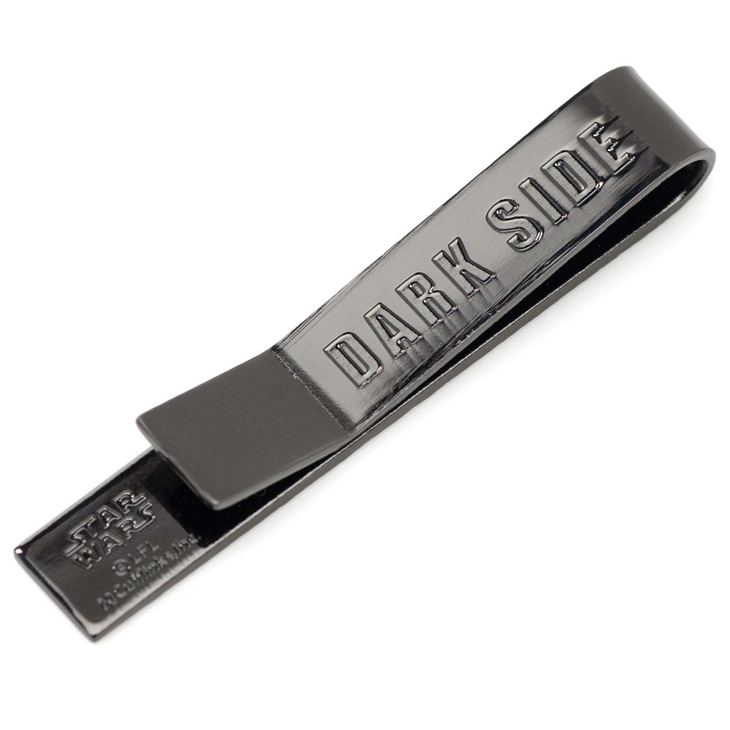 Black metal money clip with 'Dark Side' engraving on a white background