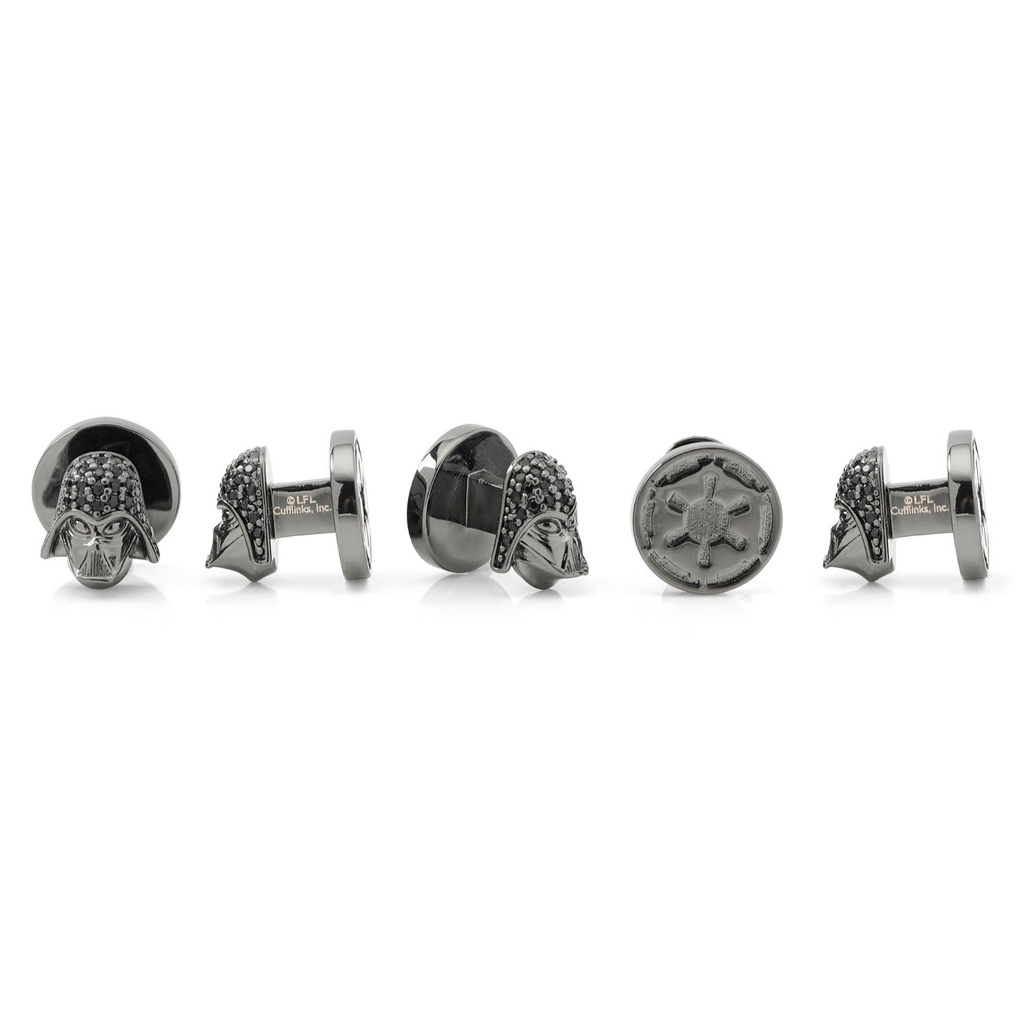 Set of silver and black cufflinks on a white background