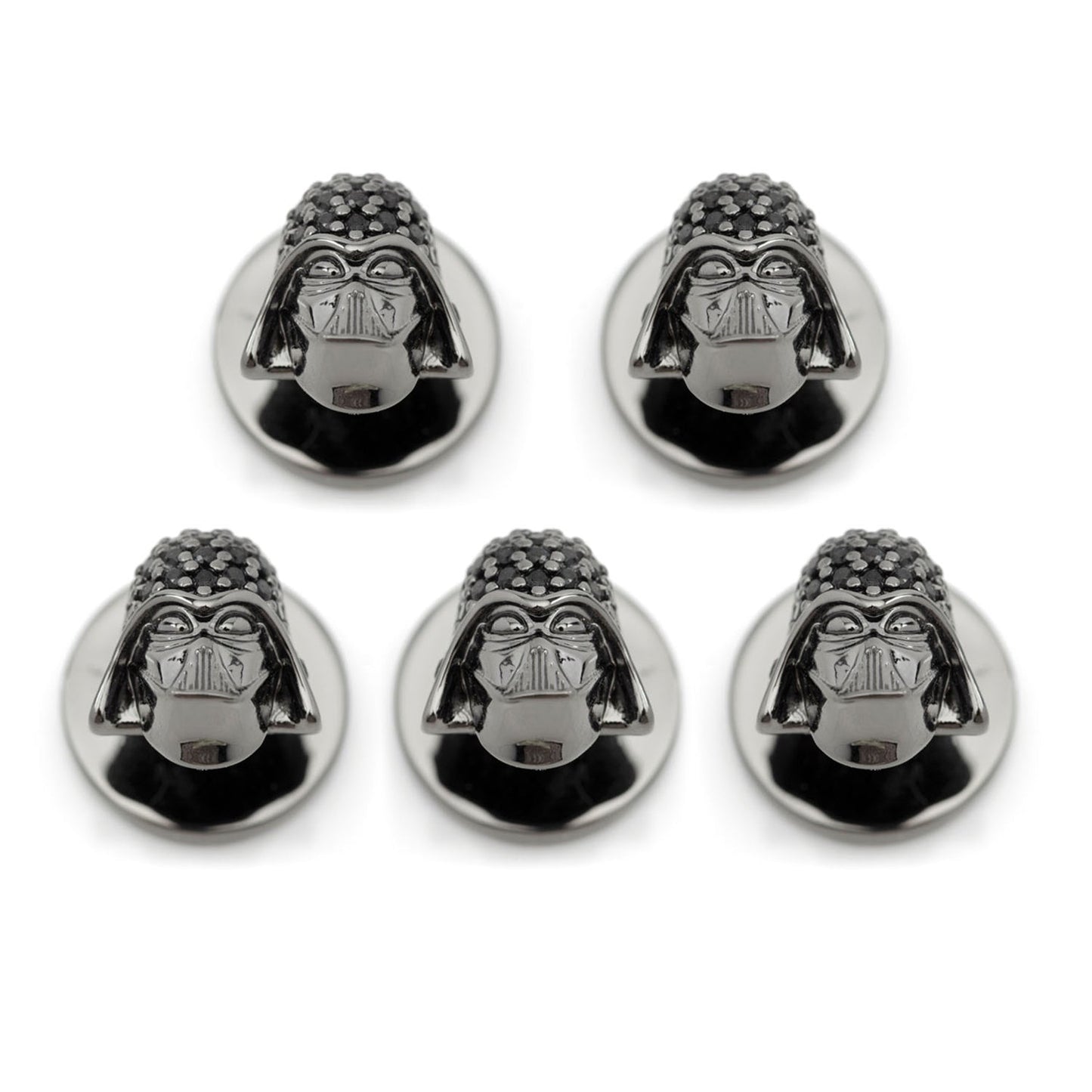 Five metallic Darth Vader head emblems on a white background