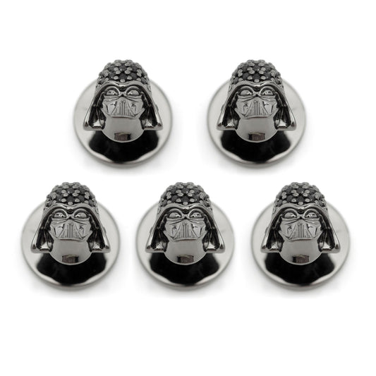 Five metallic Darth Vader head emblems on a white background