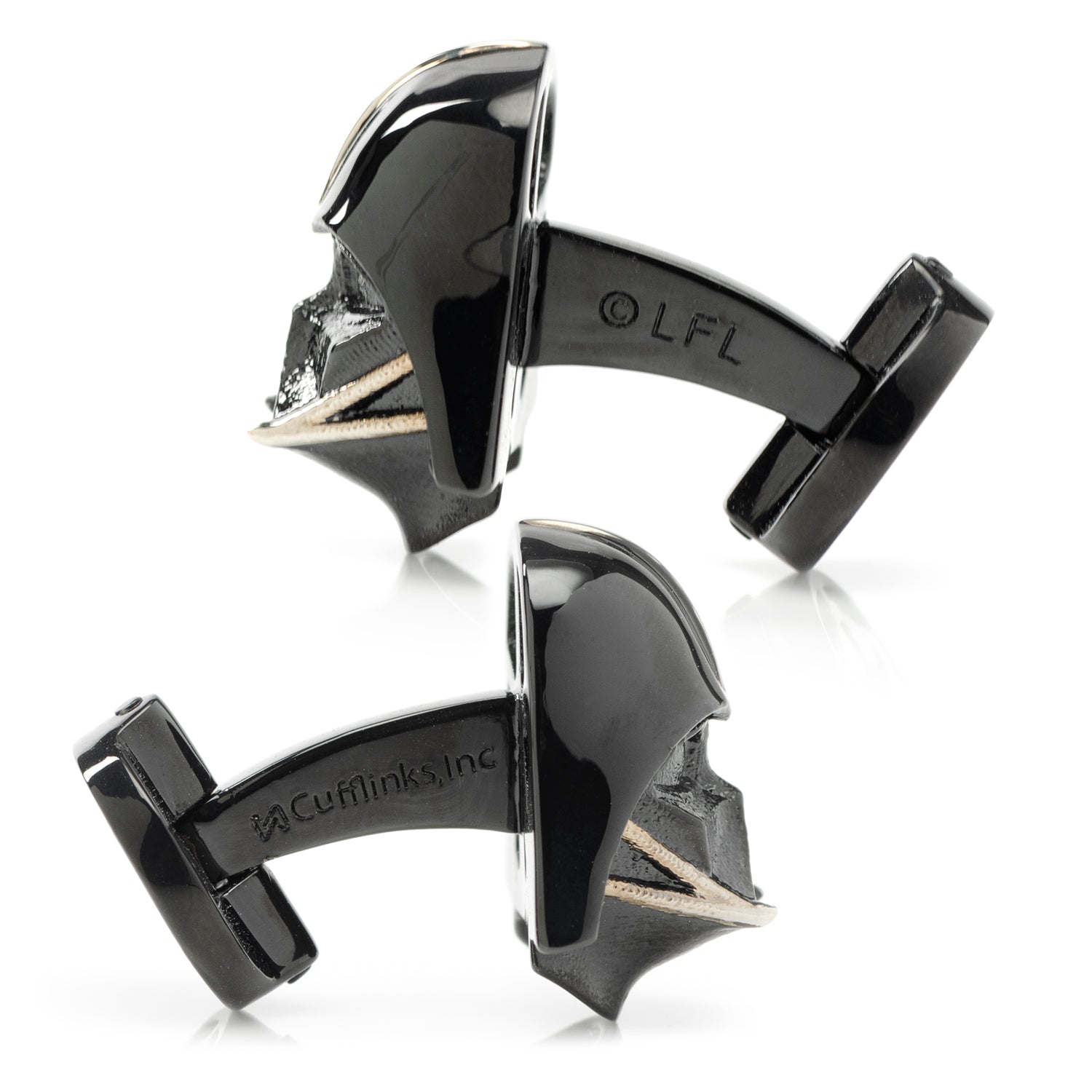 Black cufflinks with 'Cufflinks, Inc.' branding on a white background