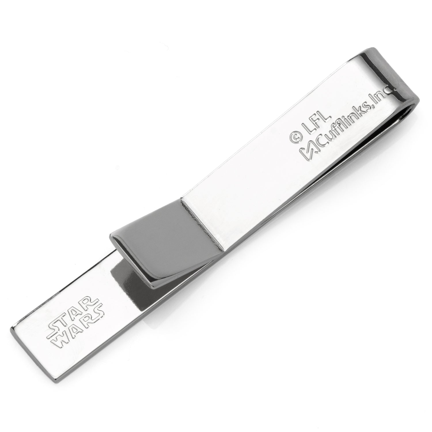 Silver money clip with 'Star Wars' branding on a white background