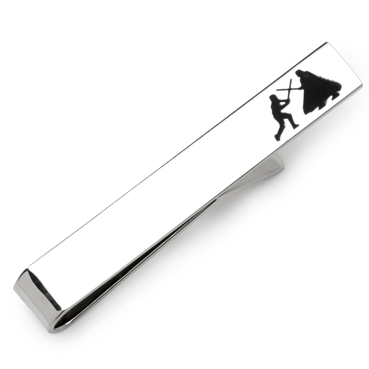 Silver tie clip with black silhouette design on a white background