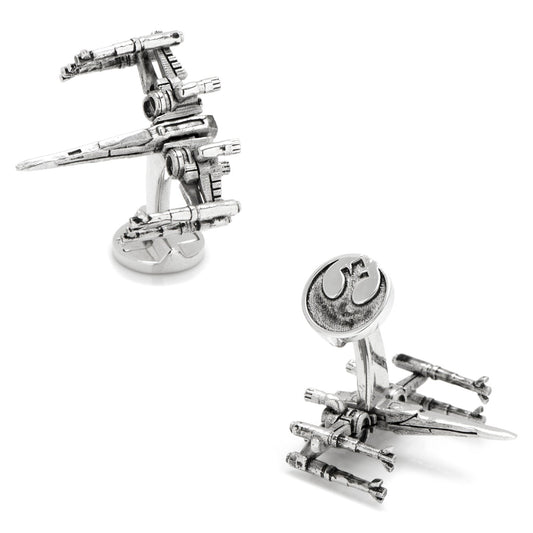 Silver X-wing fighter cufflinks and tie clip on a white background