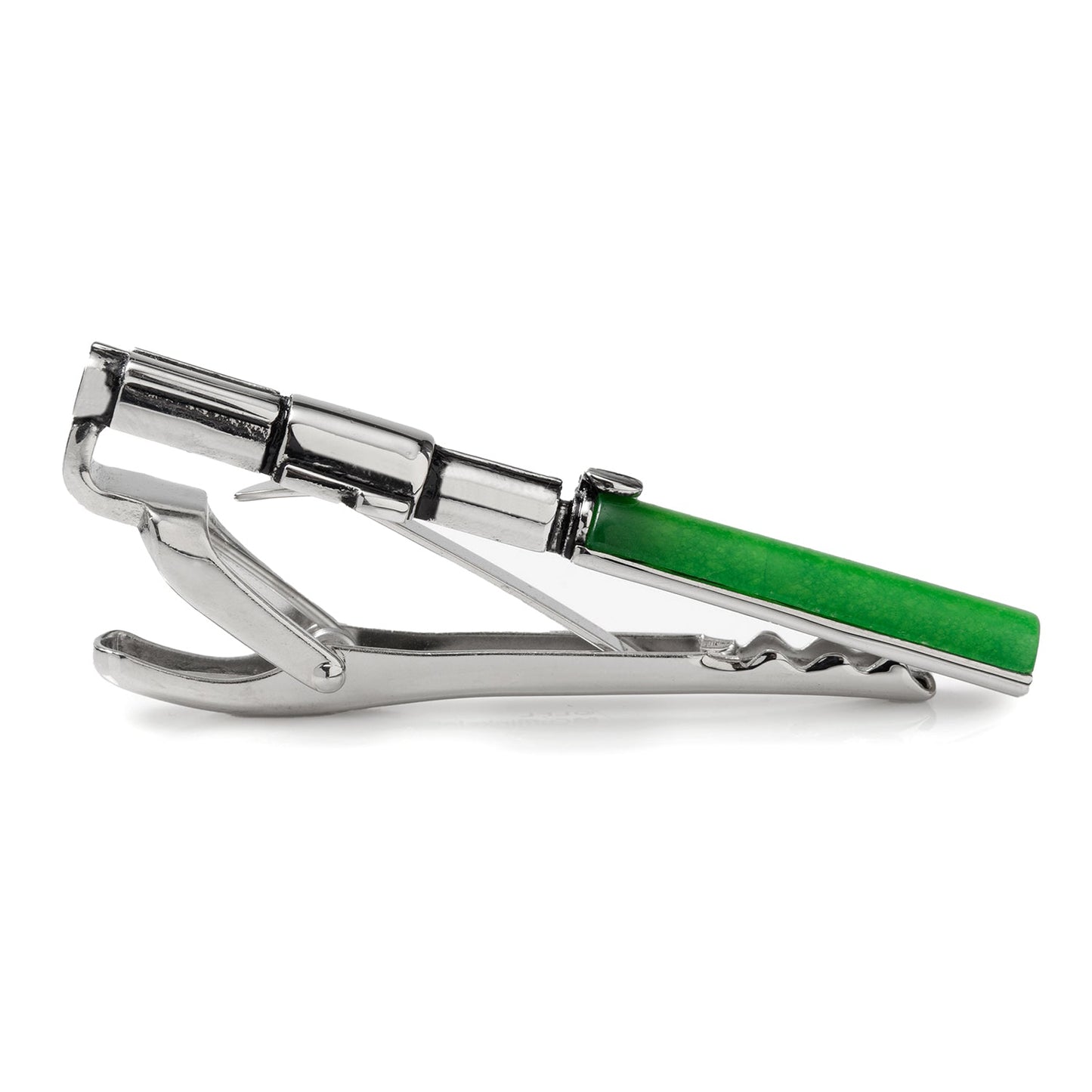 Silver tie clip with a green handle on a white background