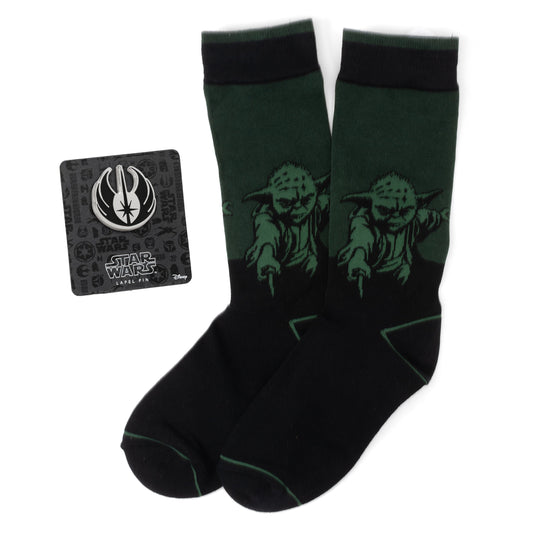 Star Wars Yoda Green Dress Socks and Jedi Order Crest Lapel Pin Gift Set