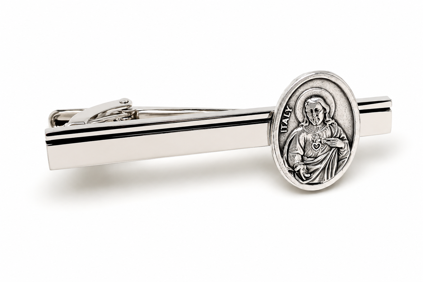 Religious silver tie clip gift for Catholic and Christian men