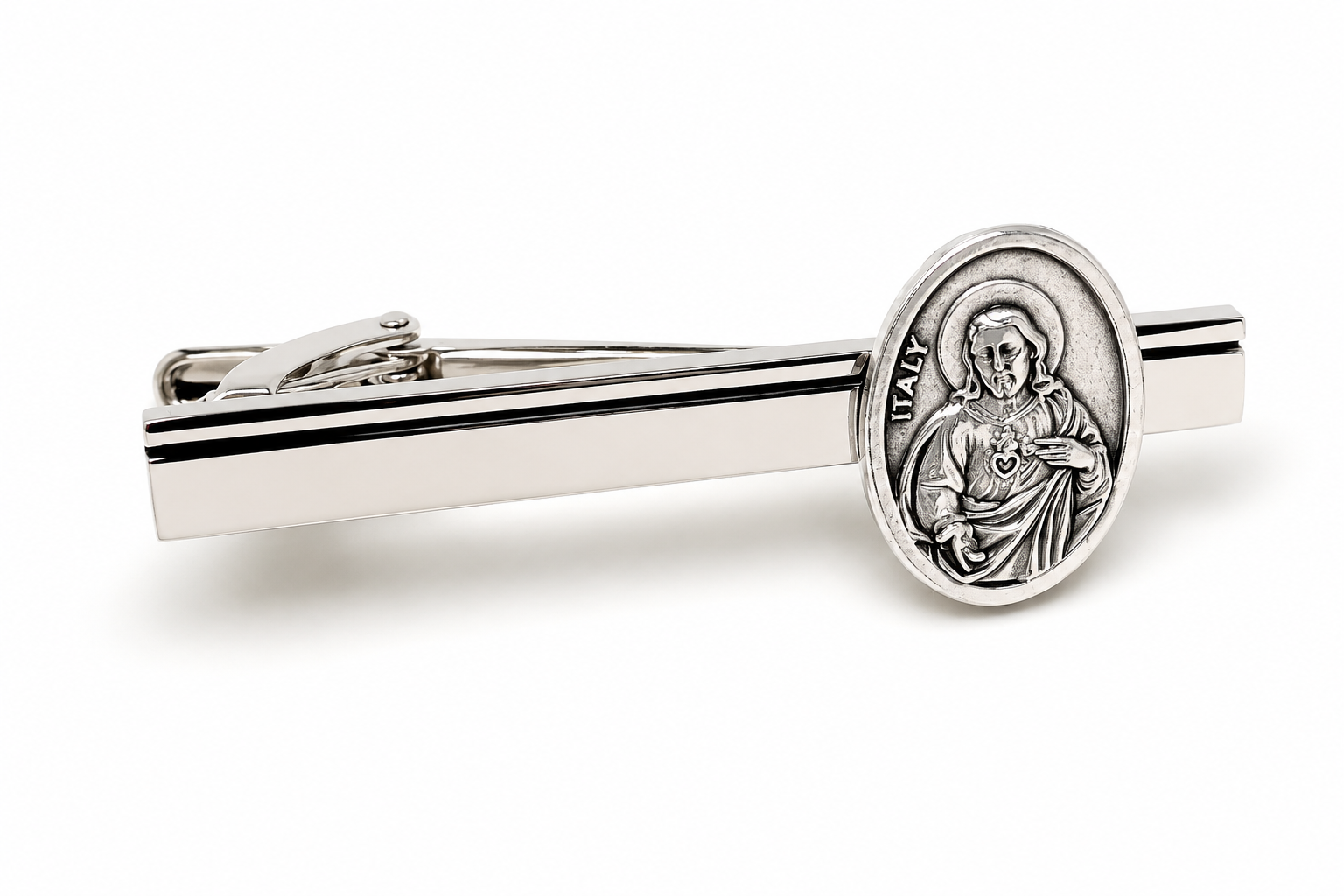 Religious silver tie clip gift for Catholic and Christian men
