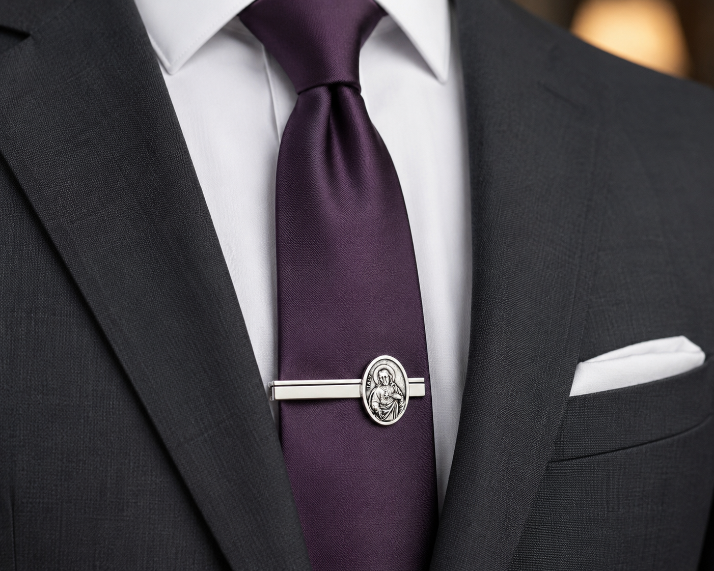Christian Sacred Heart tie clip worn with formal attire for church or wedding