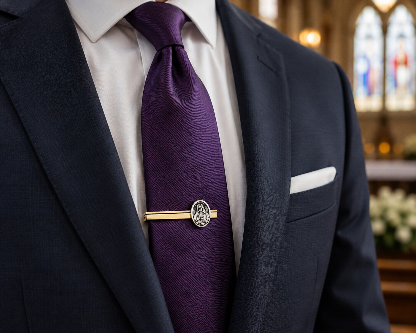 A close-up of a man wearing a dark navy suit jacket, white dress shirt, and a deep purple silk tie secured with a gold and silver tie bar featuring a religious medallion.