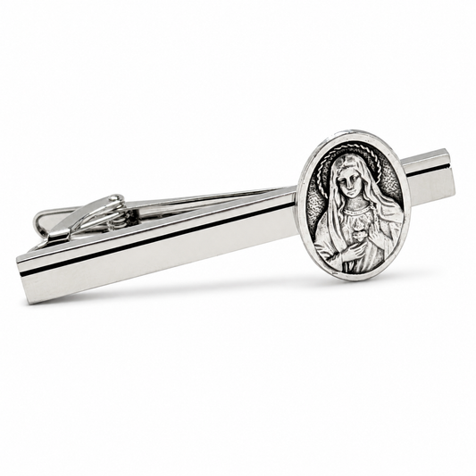 Sacred Heart of Mary silver tie clip for men on white background