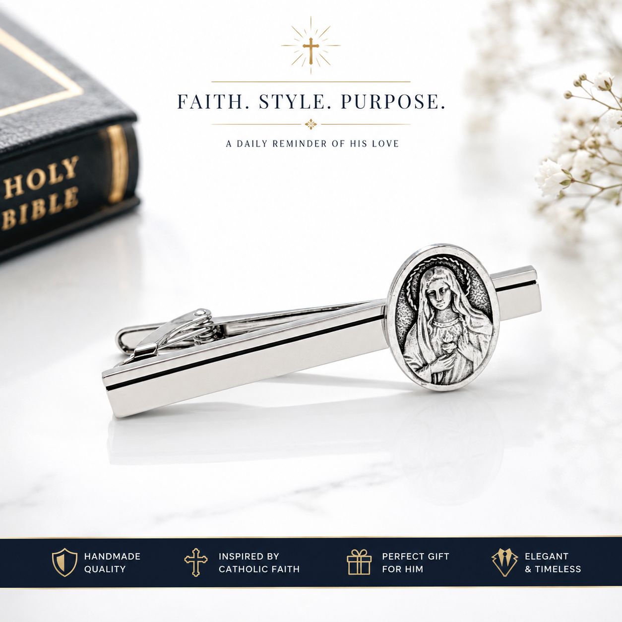 Catholic tie bar featuring Blessed Virgin Mary religious medallion
