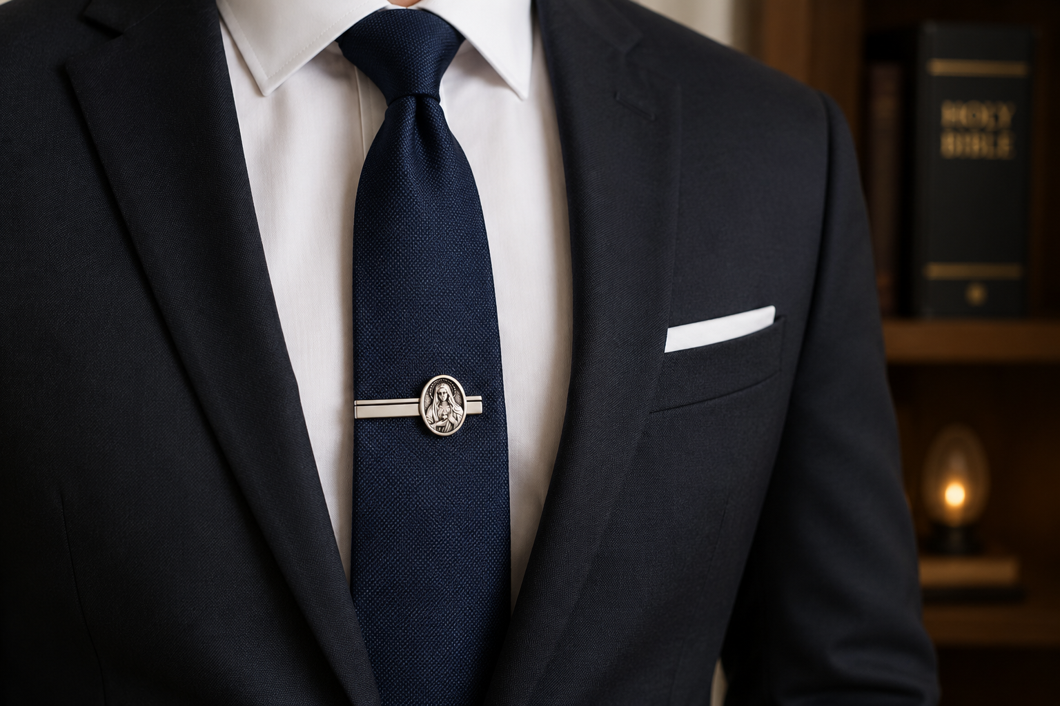 Man wearing a black suit with a white shirt, navy tie, and silver lapel pin.