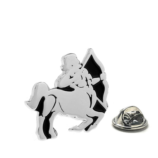 Silver and black enamel Sagittarius archer lapel pin with clutch backing – zodiac astrology accessory