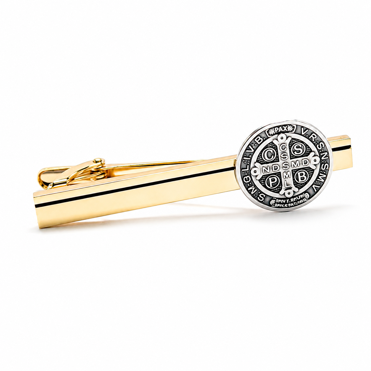 Saint Benedict Heritage gold tie clip featuring the Saint Benedict Medal handcrafted by JayPins