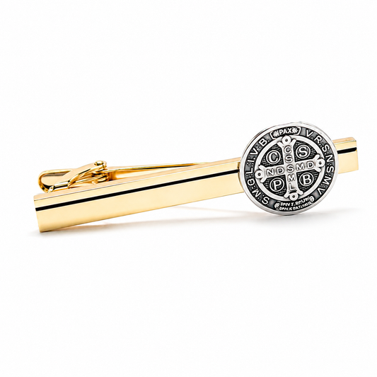 Saint Benedict Heritage gold tie clip featuring the Saint Benedict Medal handcrafted by JayPins