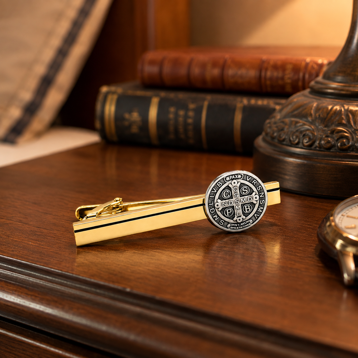 Saint Benedict Heritage gold tie clip featuring the Saint Benedict Medal handcrafted by JayPins