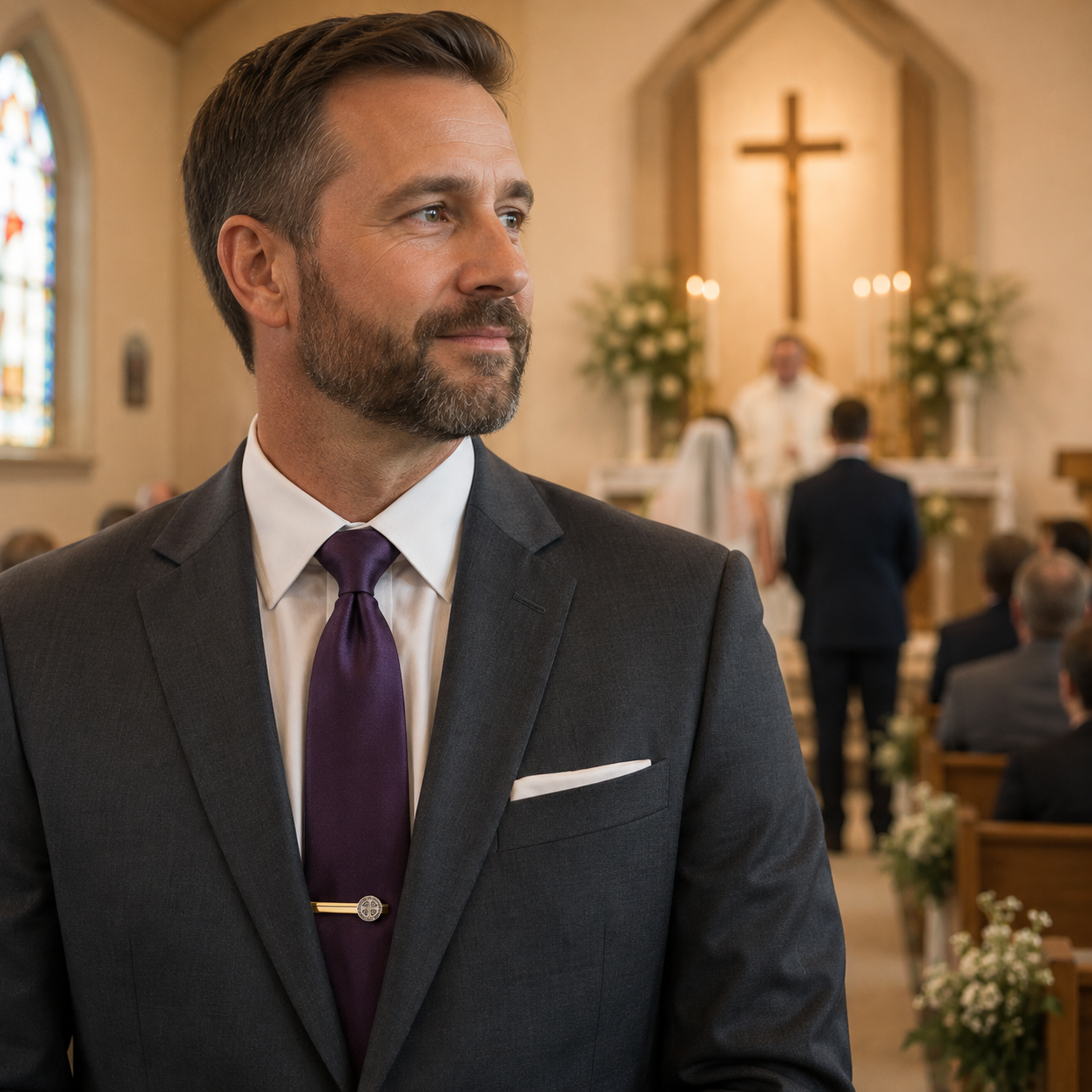 A man in a dark gray suit, white dress shirt, and purple tie with a gold tie bar stands in a church aisle, looking off-camera with a serious expression. The background shows a blurred wedding ceremony inside a church with a cross, candles, and pews.