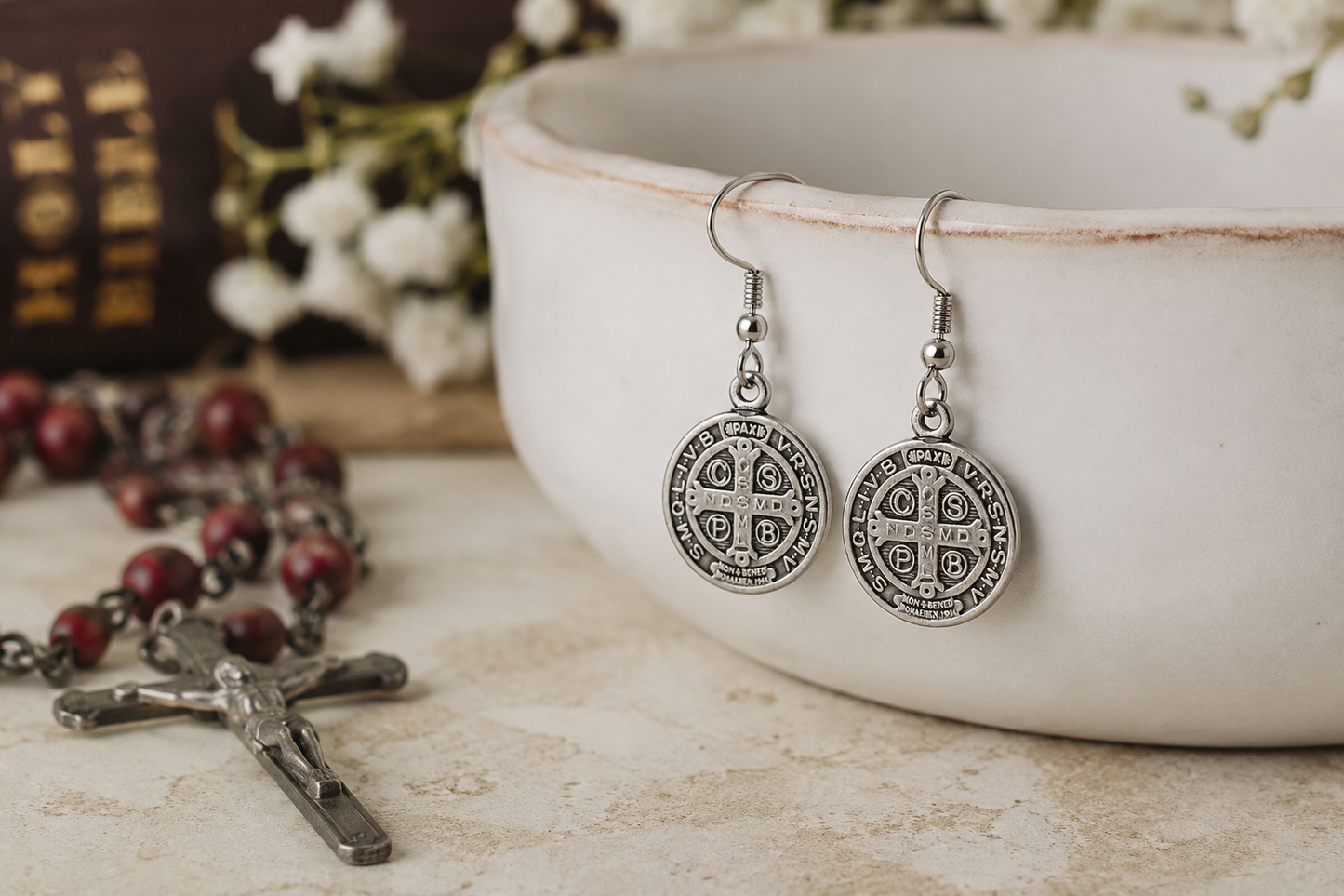 Saint Benedict Medal Silver Dangle Earrings Catholic Christian Religious Jewelry for Women