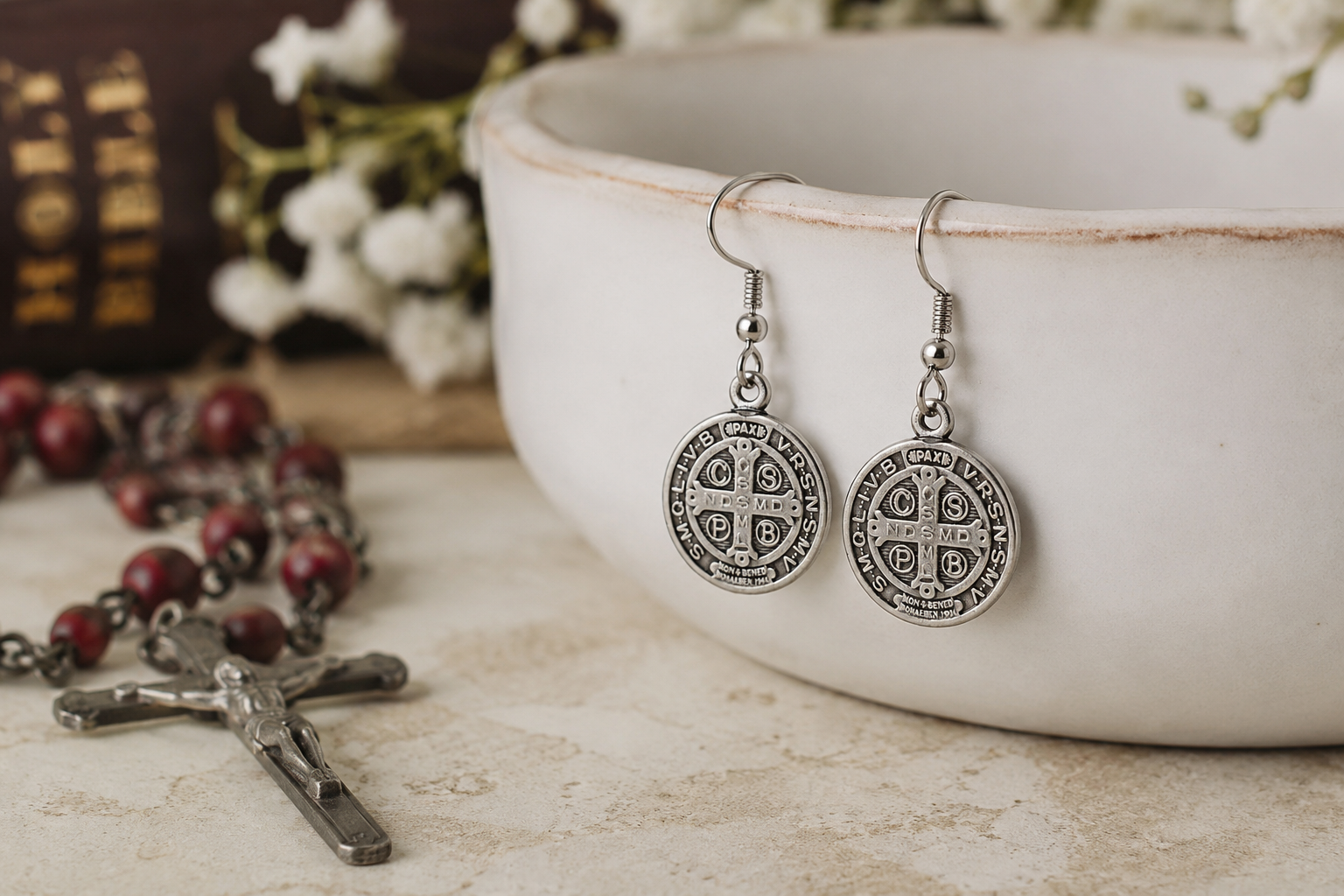 Saint Benedict Medal Silver Dangle Earrings Catholic Christian Religious Jewelry for Women