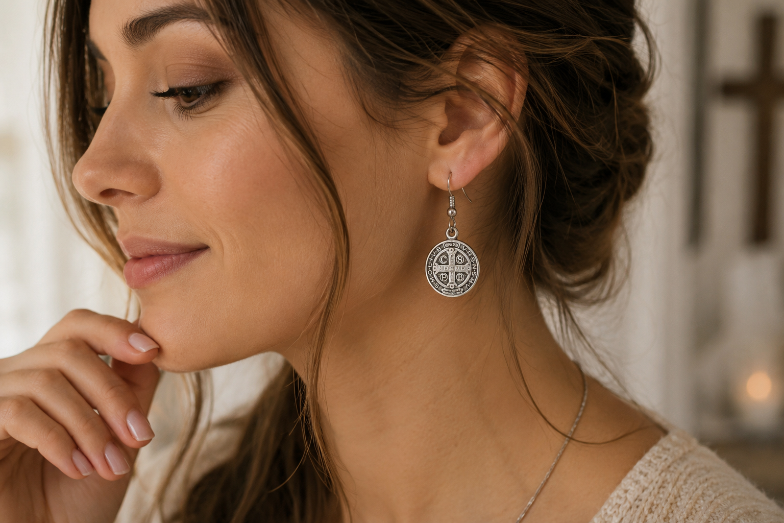 Saint Benedict Medal Silver Dangle Earrings Catholic Christian Religious Jewelry for Women